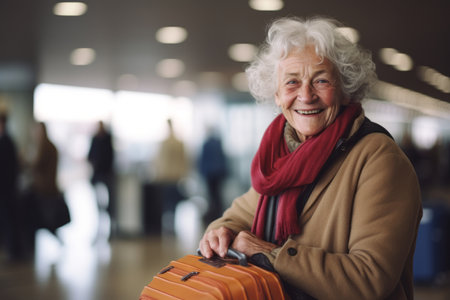very happy old woman at airport terminalの素材