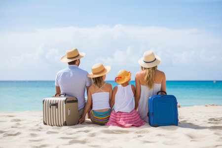 Mother and father with their children sitting on the beach with suitcasesの素材