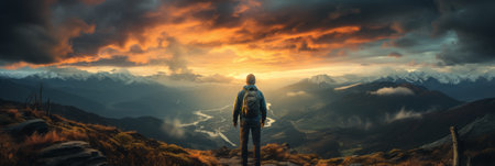 Success man hiker hiking on sunrise mountain peakの素材