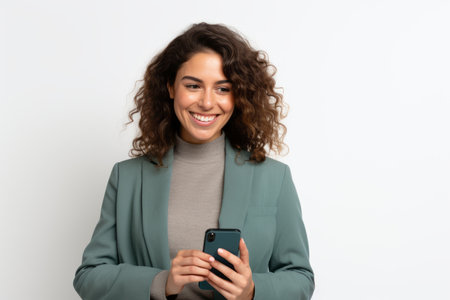 woman with phone on white backgroundの素材