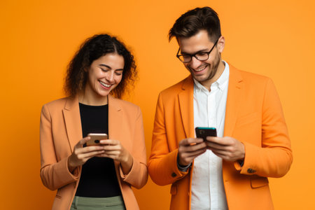 woman and man with phone on orange backgroundの素材
