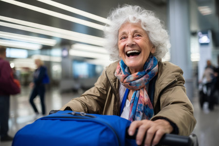 very happy old woman at airport terminalの素材