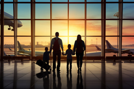 Family travel, showcasing silhouette figures of family members inside an airport terminal. The vibe of togetherness, excitement, and wanderlustの素材