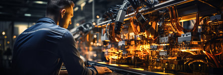 Engineer check and control welding robotics automatic arms machine in intelligent factory automotive industrial with monitoring system software. Digital manufacturing operationの素材