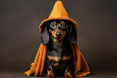 dachshund puppy dressed in funny witch Halloween costumeの素材