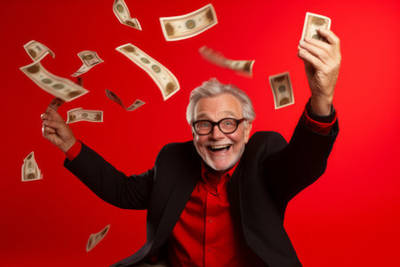 senior man and flying money on studio red backgroundの素材
