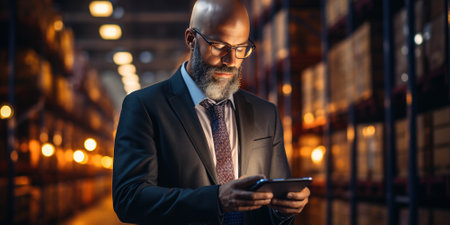 Businessman using tablet on logistic network distribution and smart transportation and networking intelligent logistics of truck and train container cargo ship, Logistic import export and industry.の素材