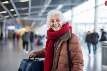 very happy old woman at airport terminalの素材