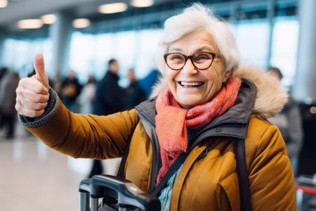 very happy old woman at airport terminalの素材