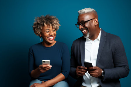 attractive mature black woman and black man with phone on studio color backgroundの素材