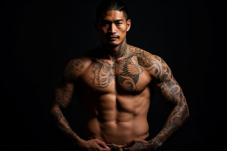 Confident man with muscular body tattooed on black backgroundの素材