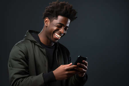 Black man with phone on studio background.の素材