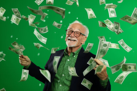 senior man and flying money on studio green backgroundの素材