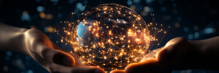 Hand of businessman touching circle global network connection and data exchanges on sunset background, Business networking with customer, Science, Innovation, Communication and technology conceptの素材