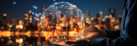 Hand of businessman touching circle global network connection and data exchanges on sunset background, Business networking with customer, Science, Innovation, Communication and technology conceptの素材
