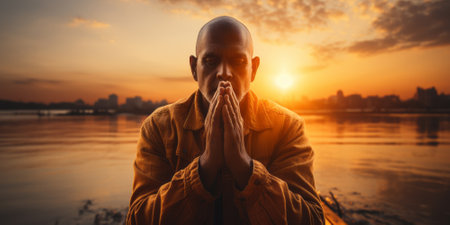 Man hands palm up praying and worship of cross, eucharist therapy bless god helping, hope and faith, Christian religion concept on sunset backgroundの素材