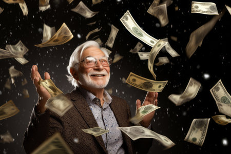 senior man and flying money on studio black backgroundの素材