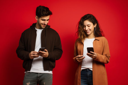 woman and man with phone on red backgroundの素材
