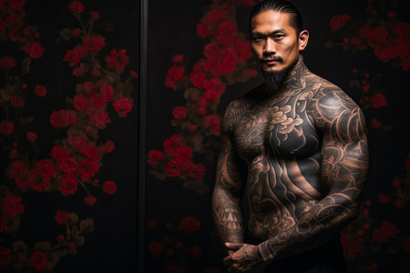 Confident man with muscular body tattooed on black backgroundの素材