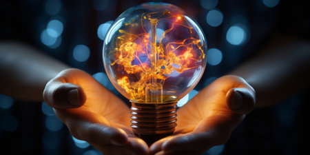 artificial intelligence. AI, machine learning, Abstract, Hand of robotic holding Glowing colorful brain circuit in light bulb on big data processing, deep learning, innovation Science and technologyの素材