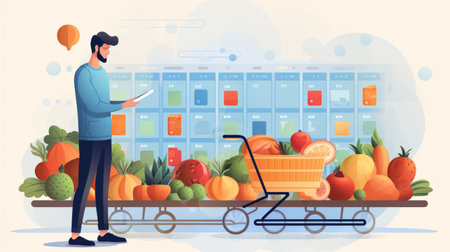 A person pushes a shopping cart and chooses products, lustrationの素材