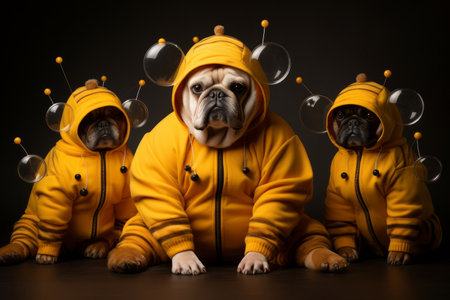 fat and grumpy bulldog dressed in funny bubble bee Halloween costume, anthropomorphic, vibrant colors, fashionable, cool, studio photography, minimalismの素材