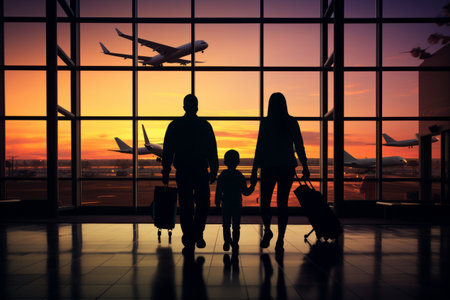 Family travel, showcasing silhouette figures of family members inside an airport terminal. The vibe of togetherness, excitement, and wanderlustの素材