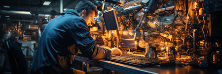 Engineer check and control welding robotics automatic arms machine in intelligent factory automotive industrial with monitoring system software. Digital manufacturing operationの素材