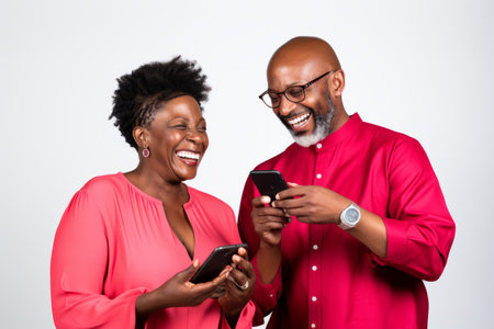 attractive mature black woman and black man with phone on studio color backgroundの素材