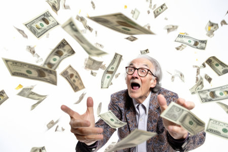 senior man and flying money on studio white backgroundの素材