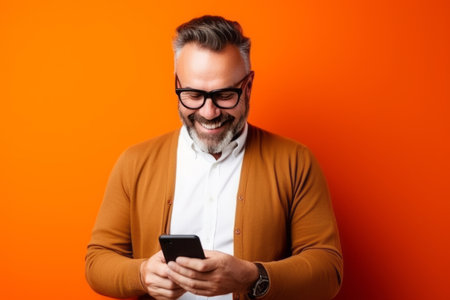 man with phone on orange backgroundの素材