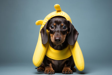 adorable dachshund puppy dressed in funny banana Halloween costumeの素材