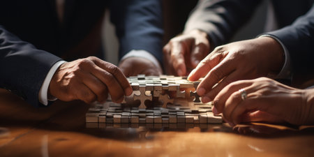 Teamwork and partnership concept. Businessman hold jigsaw puzzle pieces with teamwork icon. business solutions. Development. Unity and cooperation, Strategy and target of business growth.の素材