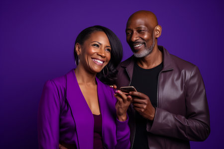 attractive mature black woman and black man with phone on studio color backgroundの素材
