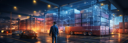 Transport and logistics concept, Manager and engineer checking and control logistic network distribution and customer data for logistic Import export on global network backgroundの素材
