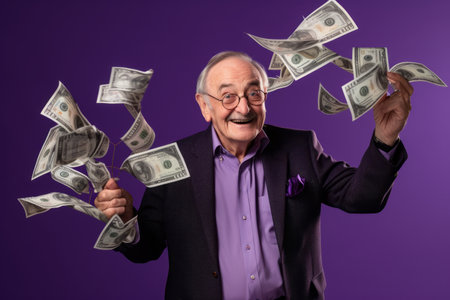 senior man and flying money on studio purple backgroundの素材