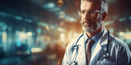 Medicine doctor with stethoscope and icon health care on virtual interface and patients come to the hospital, Medical technology network, Healthcare and Medical conceptの素材