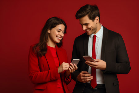 woman and man with phone on red backgroundの素材