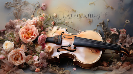 Delicate grunge texture chiaroscuro junk journal paper illustration of distressed rococo antique fantasy background watercolor style romance roses petal and vintage Violinの素材