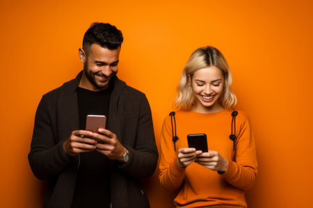 woman and man with phone on orange backgroundの素材