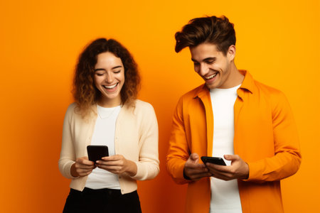 woman and man with phone on orange backgroundの素材