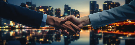 Businessman handshake for success deal in business merger and acquisition, development opportunity achievement as business partnership and consolidate growth capacity organization and teamworkの素材