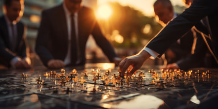 Teamwork and partnership concept. Businessman hold jigsaw puzzle pieces with teamwork icon. business solutions. Development. Unity and cooperation, Strategy and target of business growth.の素材