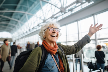 very happy old woman at airport terminalの素材