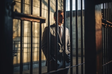 The businessman got out of prison with his things and is thinking about what to do next. A man stands near the exit from the prison.の素材