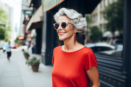 Happy attractive mature woman in the cityの素材