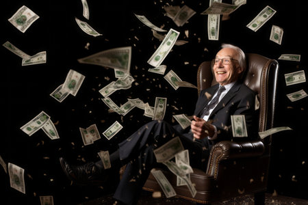 senior man and flying money on studio black backgroundの素材