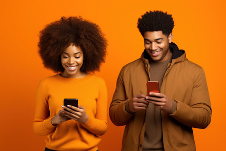 black woman and black man with phone on orange backgroundの素材