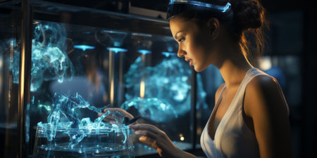 medical technology. Health care, Medicine doctor using virtual reality headset with robots to research and testing result of patients on virtual interface, VR, innovation and science to the futureの素材