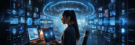 Business and Data Protection, Biometric security identify, face recognition online access business data. Cyber security technology prevent unauthorized access and protect business significant dataの素材